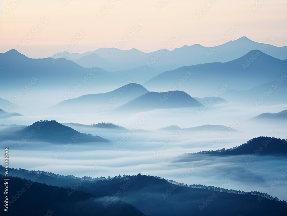 foggy mountain range at dawn, the sun rising behind the peaks, piercing through the mist, subtle pastel gradient in the sky
