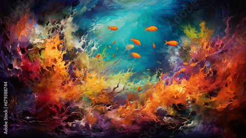 Abstract expressionist rendering of a coral reef, splashes of vibrant colors to signify marine life, textured layers, bold brushwork, luminous, underwater lighting effects © Gia