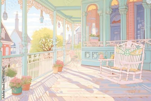 victorian porch with intricate railings and pastel colors, magazine style illustration © studioworkstock
