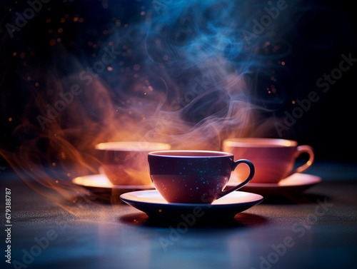 vapor waves emanating from tea and coffee cups, set against a cosmic background, hazy atmosphere, soft focus, mystical aura