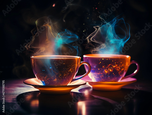 vapor waves emanating from tea and coffee cups, set against a cosmic background, hazy atmosphere, soft focus, mystical aura