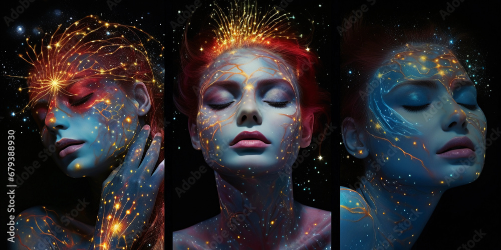 Cosmic tattoos, galaxies, stars, planets, glowing, luminous colors