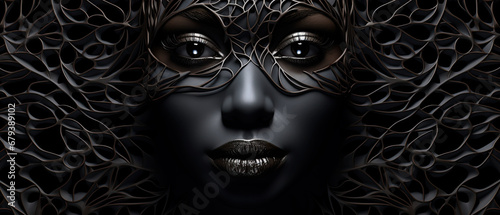 3D Portrait of a African American woman with shine on eyes and lips.. Black over back texture gold tipped background.