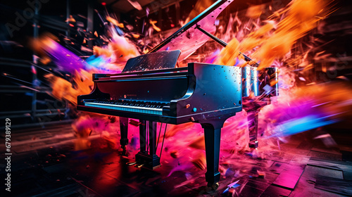 Exploding piano keys in mid-air, vibrant neon colors, motion blur, surreal atmosphere