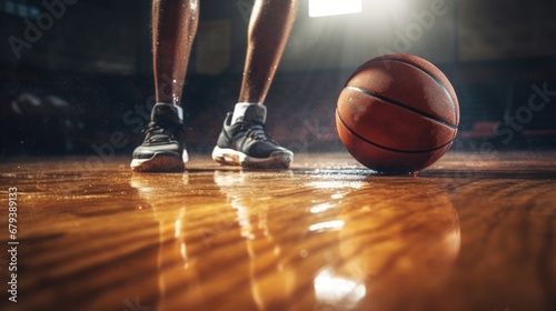 Basketball player feet and ball, view from the ground