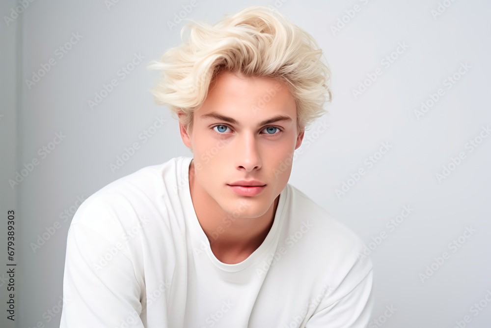 Blond young man in a stylish pose on a white background. Bright image.