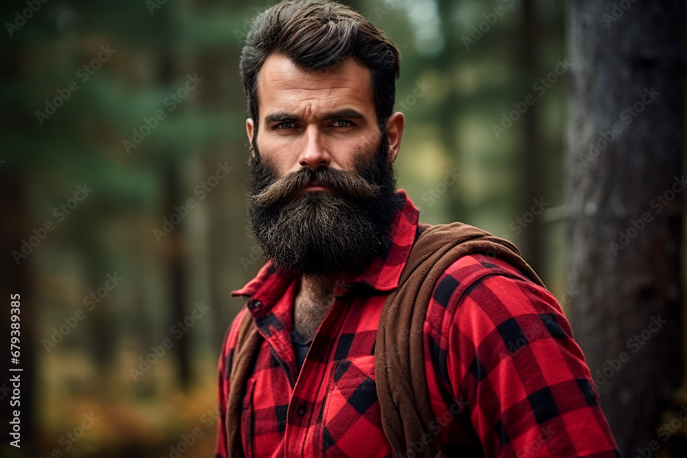 Bearded handsome lumberjack in a forest, clad in a red checked shirt. Bright image. 