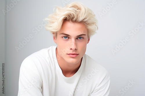 Blond young man in a stylish pose on a white background. Bright image.