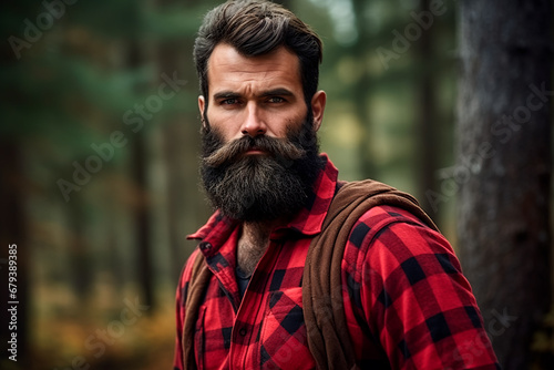 Bearded handsome lumberjack in a forest, clad in a red checked shirt. Bright image. 