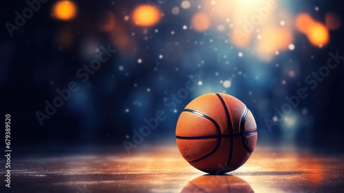 Basketball on court floor, close up with blurred arena in background