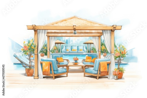 luxurious poolside lounge area under a pergola © studioworkstock
