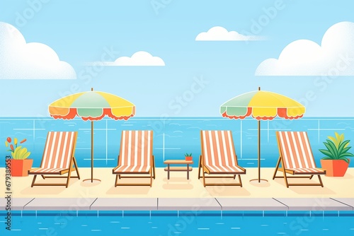 empty sun loungers lined up alongside a swimming pool photo