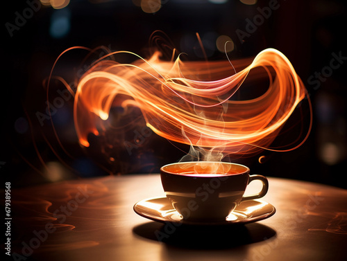Kinetic art, streaks of light tracing the paths of swirling tea and coffee, dynamic, blurred motion, long exposure