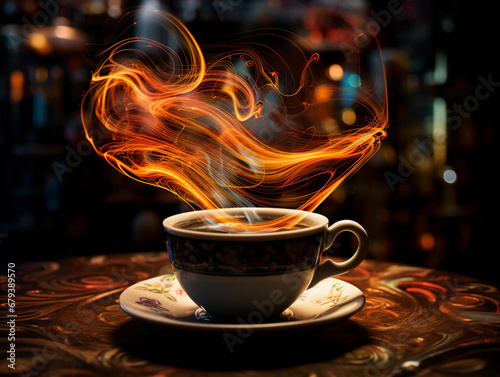 Kinetic art, streaks of light tracing the paths of swirling tea and coffee, dynamic, blurred motion, long exposure