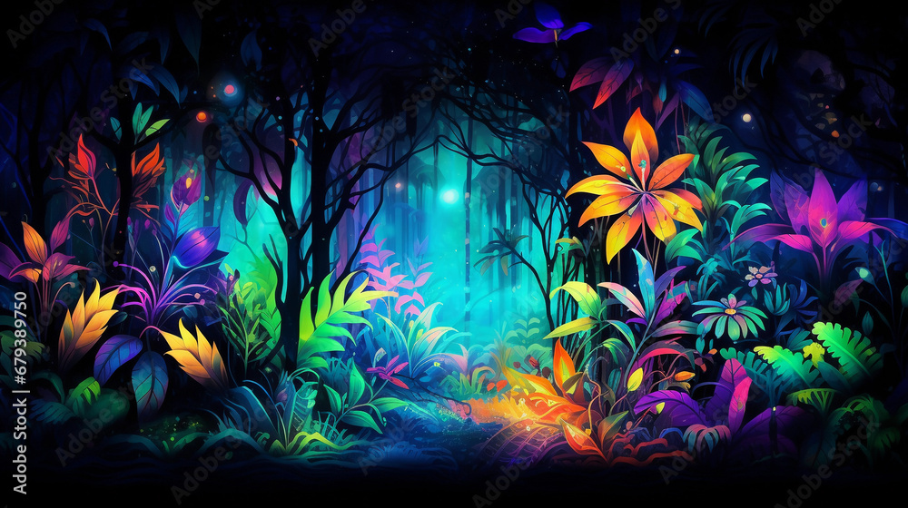 Psychedelic digital painting of a rainforest, flora and fauna blending and morphing into fractal patterns, vivid neon colors, optical illusions Psychedelic digital painting of a rainforest, flora and fauna blending and morphing into fractal patterns, vivid neon colors, optical illusions