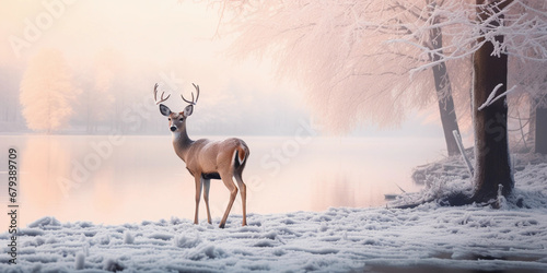 frosted winter morning, solitary deer standing amidst ice-laden trees, soft pastel color tones, high dynamic range