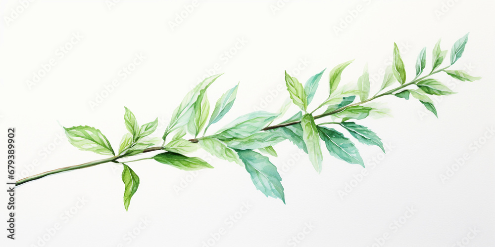 Watercolor of a mint sprig, refreshing green hues, simplistic, airy, almost translucent brush strokes