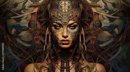 Tribal tattoos, Polynesian, Native American, Celtic knots, against a black leather texture, dramatic side lighting