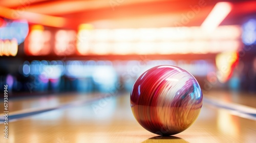 Bowling ball put on alley with blurred bowling pin background. photo