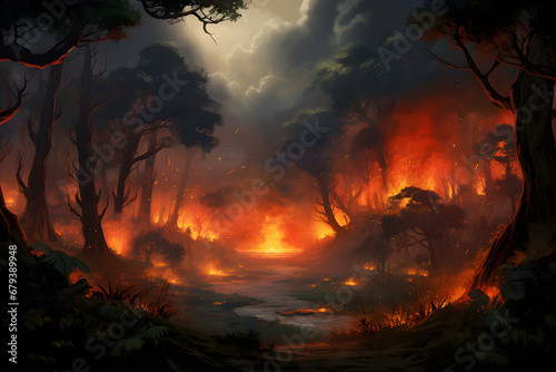 panorama of a forest fire, burning trees and bushes. conflagration, wildfire. flames and clouds of smoke in the jungle. an environmental disaster.