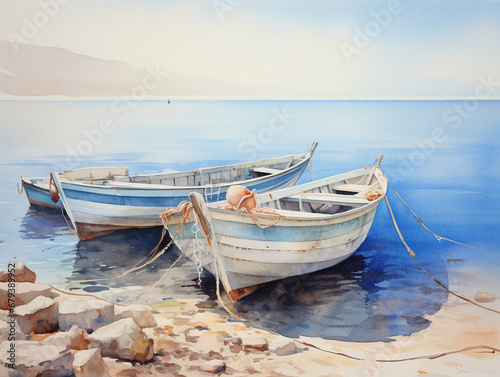Watercolor painting  impression of small fishing boats at rest  soft pastel tones  gentle morning light