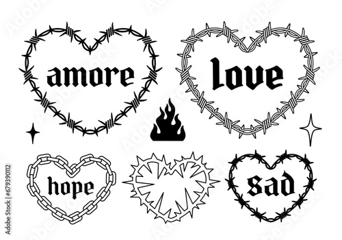 Tattoo art hearts in 2000s style. Y2k Heart with barbed wire. Chain heart frame. Gothic Hearts tattoos with inscripton anore, love, hope, sad. Isolated vector