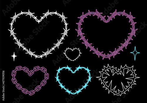 Glamour Tattoo hearts in 2000s style. Y2k Hearts with barbed wire frames pink color. Chain Heart tattoo stickers. Gothic Hearts tattoos with space for inscripton.  Isolated vector