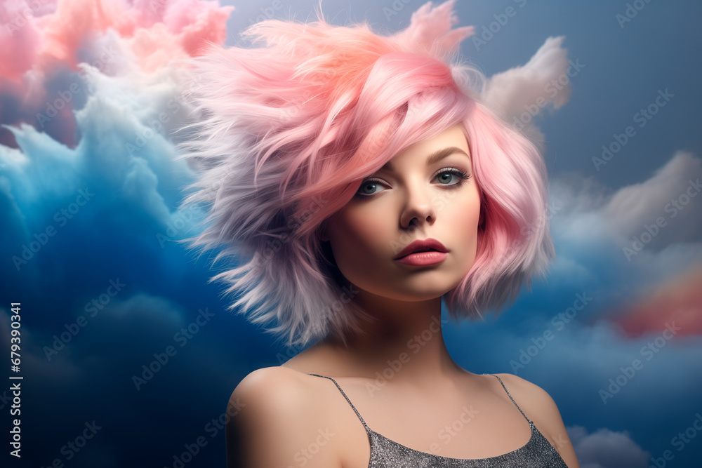 A girl with colorful hair and makeup with a feather, in the style of dark sky blue and light pink, sharp/prickly layered textures, high tonal range
