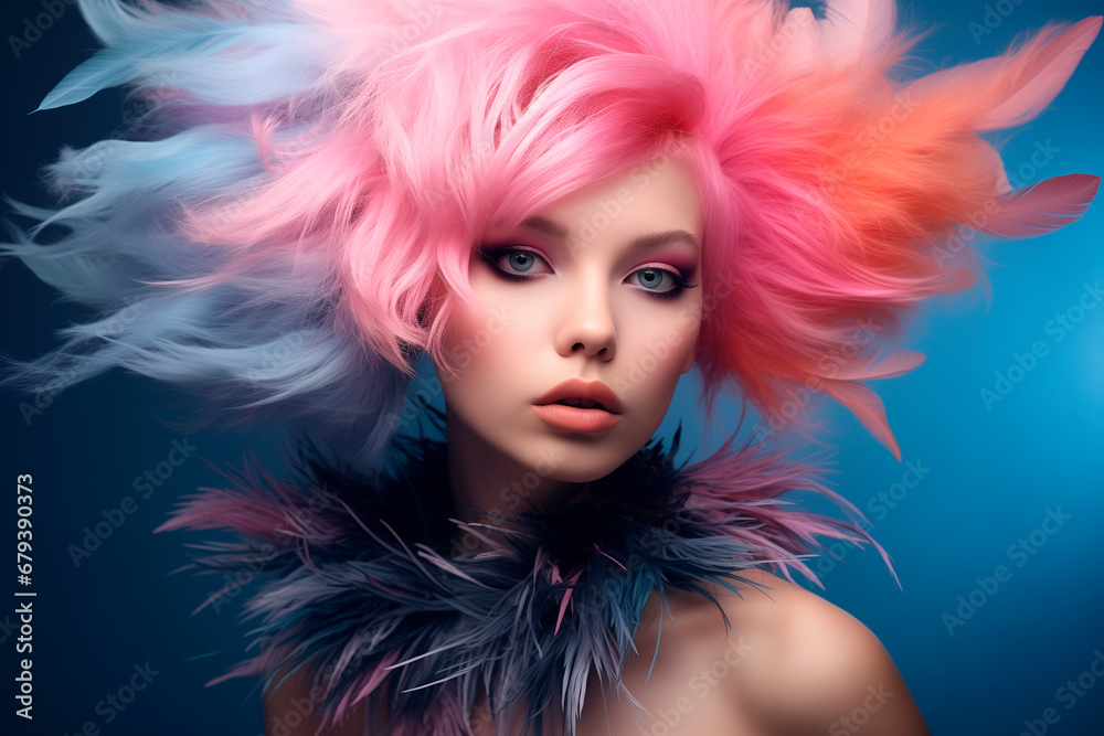 A girl with colorful hair and makeup with a feather, in the style of dark sky blue and light pink, sharp/prickly layered textures, high tonal range A girl with colorful hair and makeup with a feather, in the style of dark sky blue and light pink, sharp/prickly layered textures, high tonal range