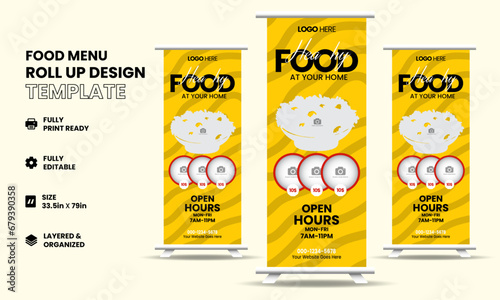 Fast food restaurant business marketing roll up or x banner template design with abstract background, logo and social media icon. Pizza, burger & healthy food sale web banner, rack card or flyer
