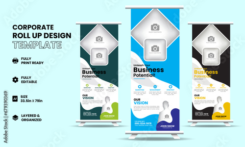 Professional roll up banner or retractable banner template with business people and cityscape artwork, Vertical signboard template, Trade show banner, Standee template, X-banner template, Flag banner