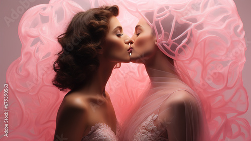 A lesbian couple kissing, celebrating Valentine's Day as proof of their love. photo
