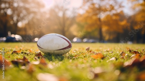 Rugby ball at green grass. Rugby training. Sports banner. photo