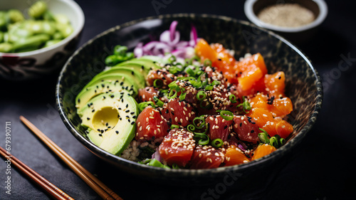Colorful Tuna Poke Bowls with Avocado and Sesame Seeds