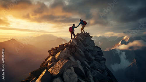 People with backpacks climb to the top of the mountain