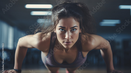 Portrait of a young woman doing push-ups in the gym