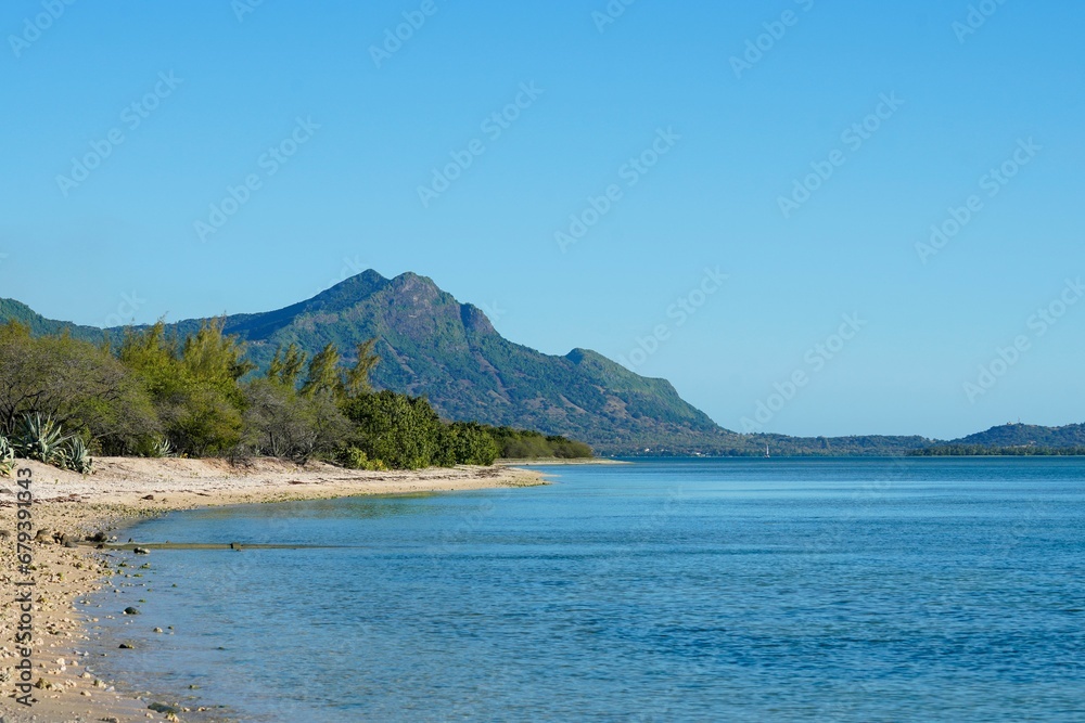 Beach of Riviere Noire with Le Morne peninsula, West Coast, Mauritius