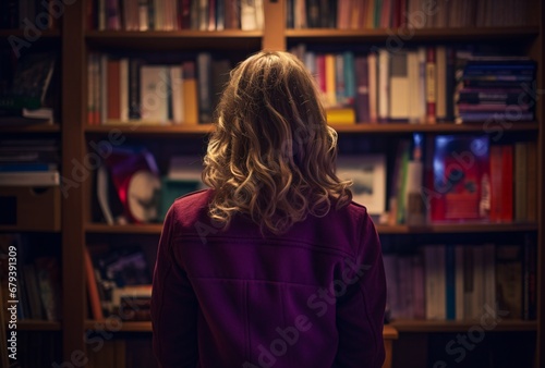 a girl looks at her own back and looks at books on a shelf, dark beige and purple, lurid, unsettling mood