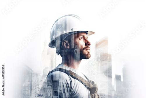 builder and skyscraper with double exposure on white background	
