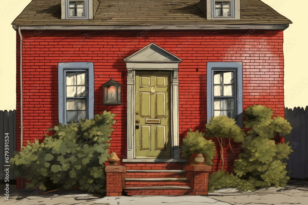saltbox house with carved wooden door, red brick facade, magazine style illustration