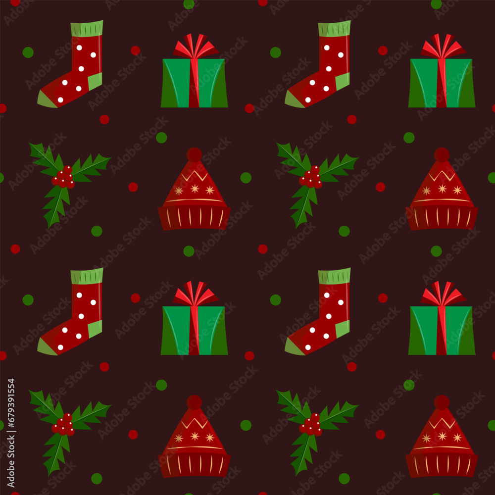 Brown New Year's Eve seamless pattern with festive elements. Christmas wrapping with cute illustrations. Flat vector illustration.