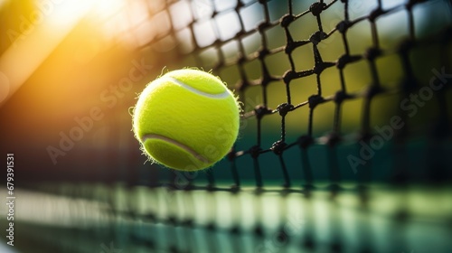 Tennis ball with tennis court and net in background. © brillianata