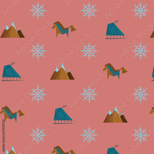Christmas multicolored pattern of holiday elements on a pink background. Seamless pattern for holiday packaging. Flat vector illustration.