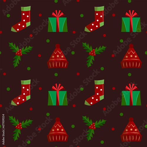 Brown New Year's Eve seamless pattern with festive elements. Christmas wrapping with cute illustrations. Flat vector illustration.