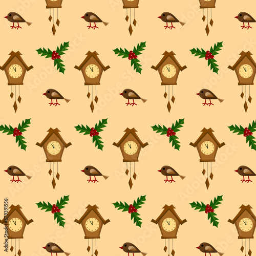 Beige seamless pattern with Christmas decor elements. Festive packaging with Christmas illustrations. Flat vector illustration.