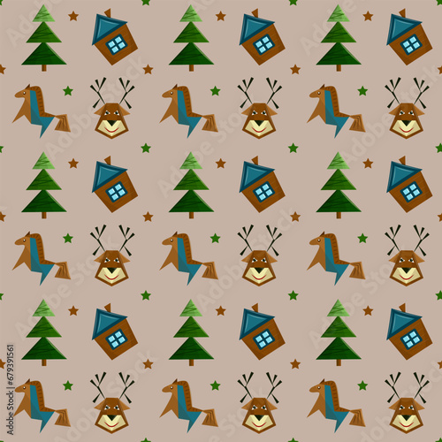 Festive seamless pattern with Christmas elements in brown colors. New Year pastel wrapping. Flat vector illustration.