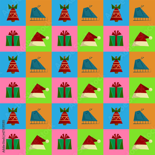 Festive bright seamless seamless pattern with Christmas elements. New Year abstract multicolored packaging. Flat vector illustration.