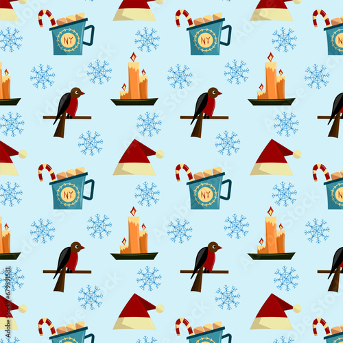 Festive seamless pattern with Christmas elements on blue background. New Year brightly colored package. Flat vector illustration.