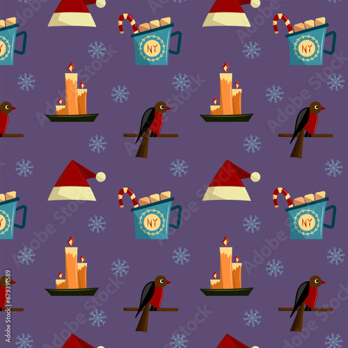 Festive seamless pattern with Christmas elements on purple background. New Year brightly colored package. Flat vector illustration.