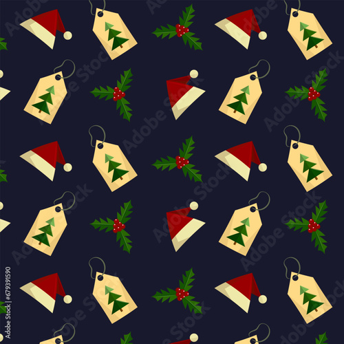 Festive seamless pattern with Christmas elements on dark blue background. New year abstract wrapping. Flat vector illustration.